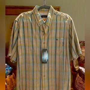 NWTO Orvis short-sleeved, collared shirt featuring a multi-striped pattern
